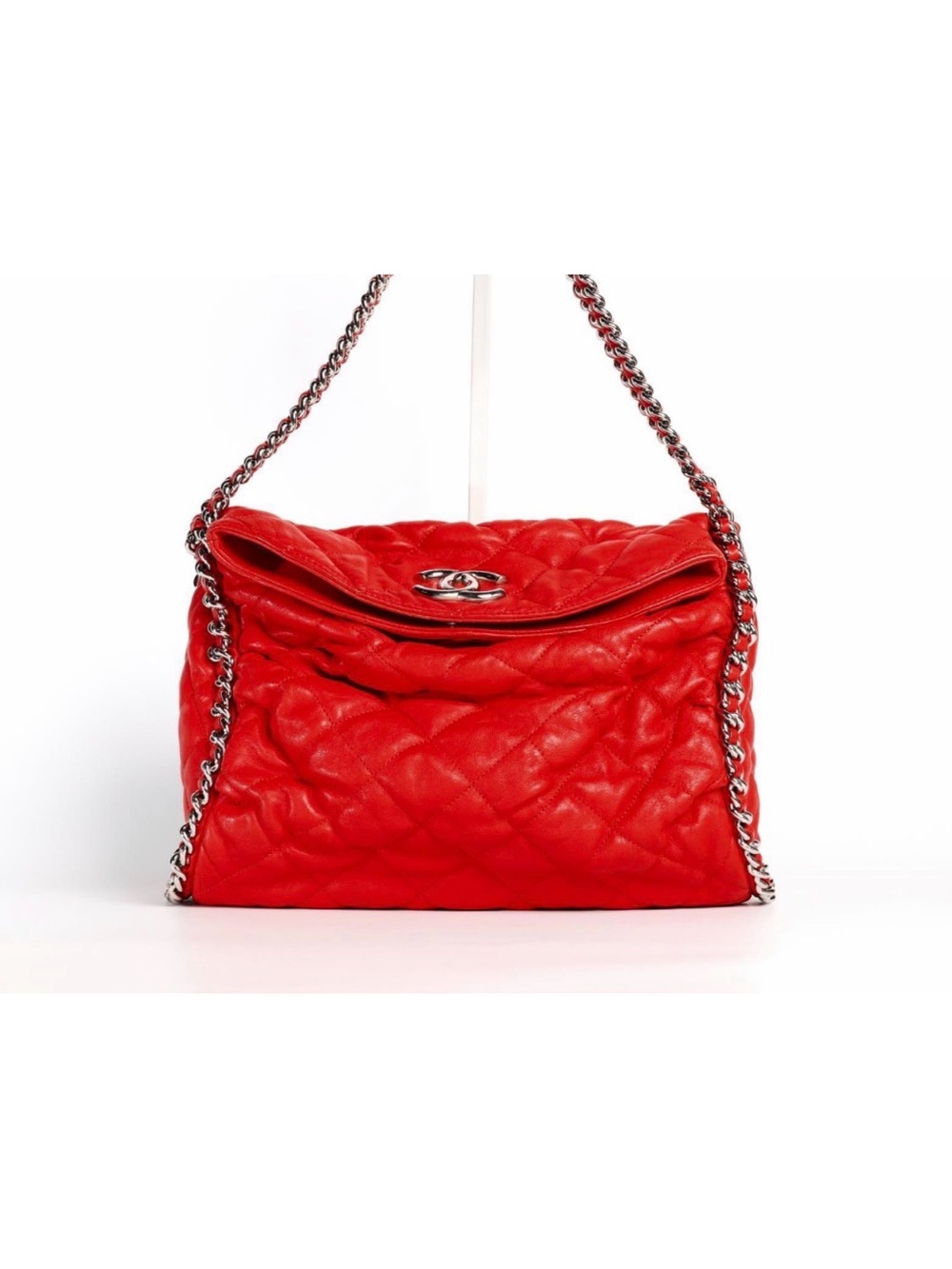 CHANEL Red Quilted Lambskin Shoulder Bag w Silver Chain weekend sale